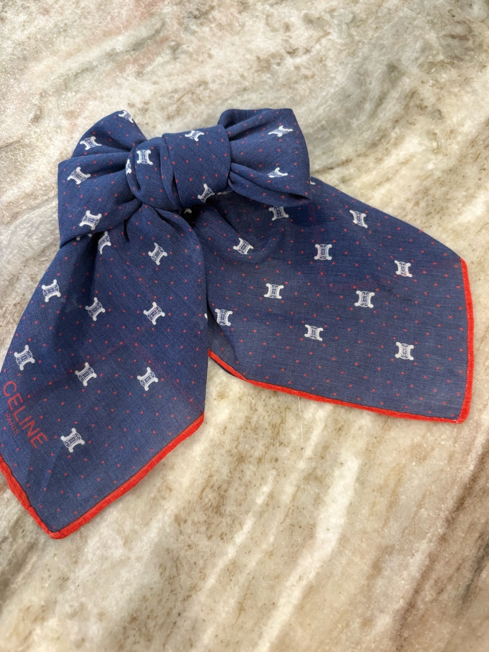 Celine triomphe blue, white, red luxury scarf Neckerchief or Bow 18”x18”
